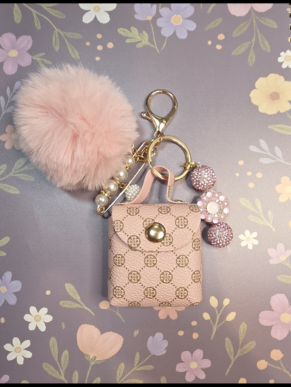 Pink Faux-Fur Pom Pom Keychain Bag Charm with Crystal Accents